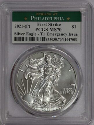 2021 (P) Silver Eagle - Type 1 - Emergency Production - Philadelphia /Green Holder PCGS MS70