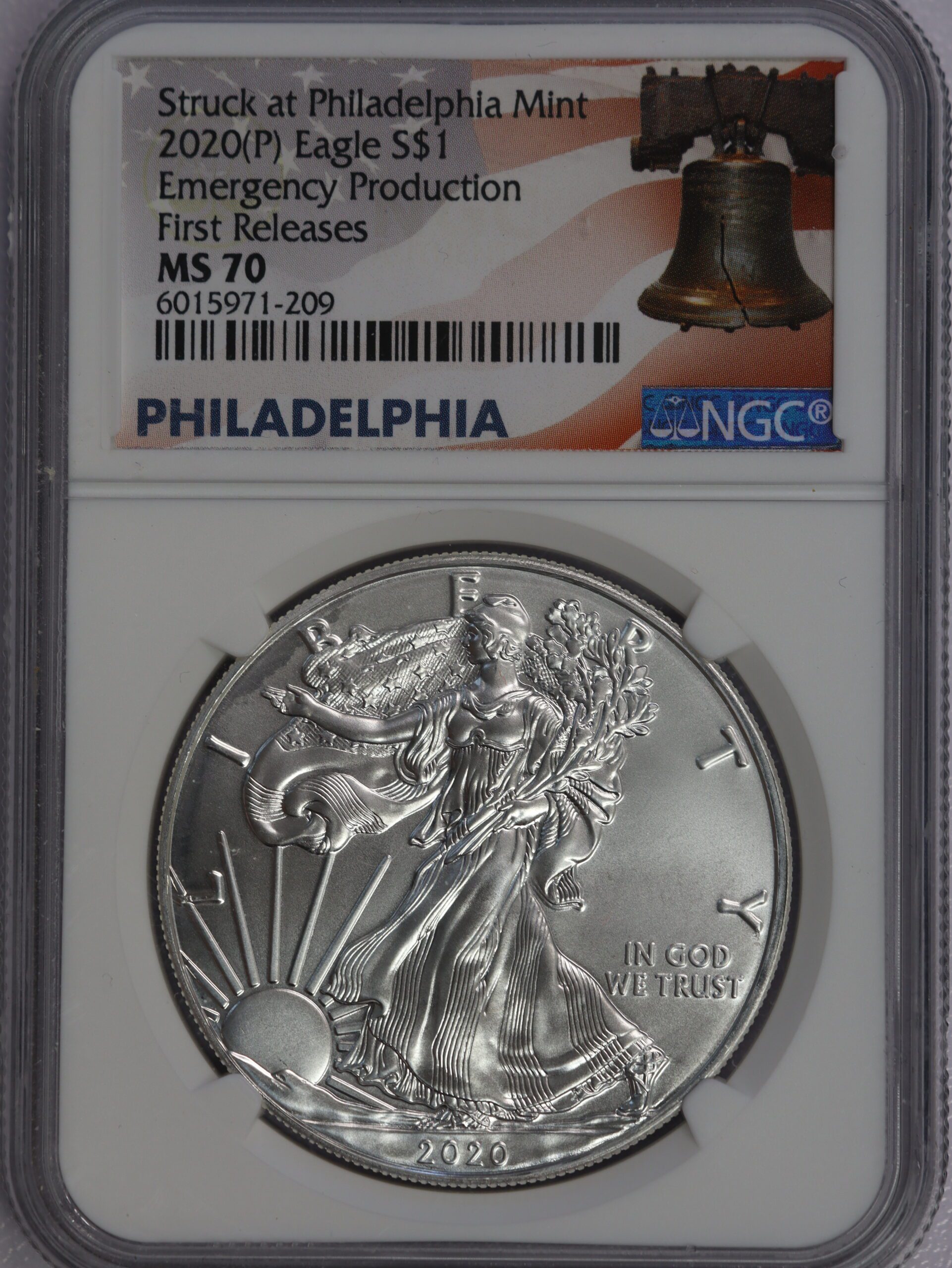 2020 (P) Silver Eagle MS70 NGC Emergency Production Liberty Bell