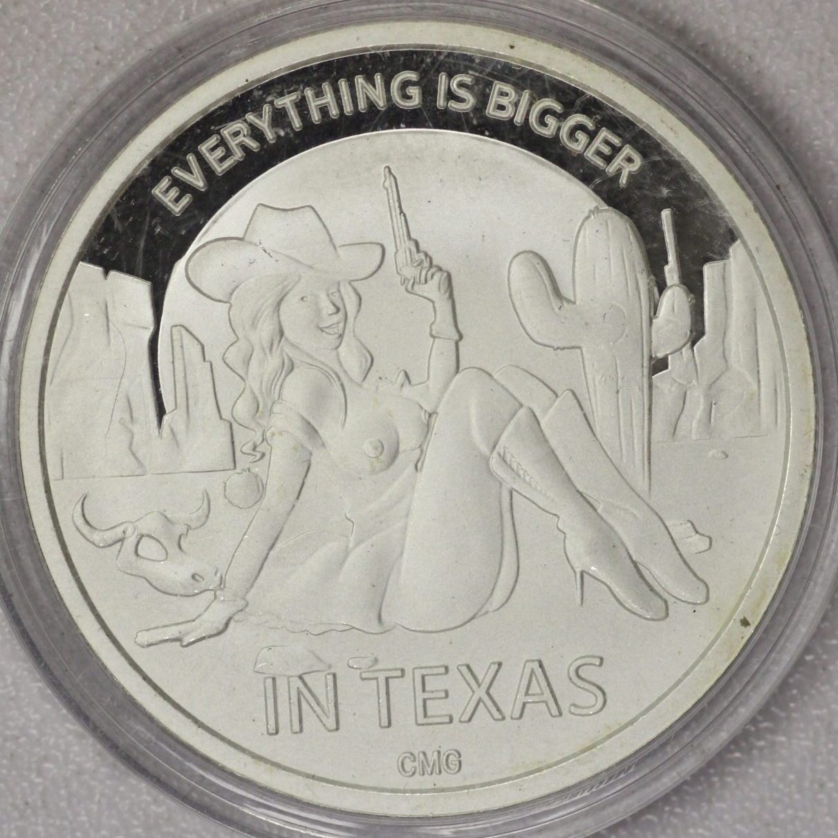 AUCTION- CMG Mint .999 Silver Round Everything is Bigger in Texas W/Case