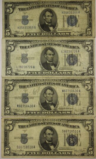 1934-A, 1934-B, 1934-C & 1934-D Five Dollar Silver Certificates Circulated