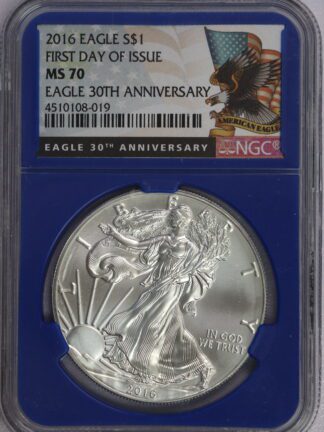 2016 Silver Eagle MS70 Blue 30th Anniversary Label NGC FDI