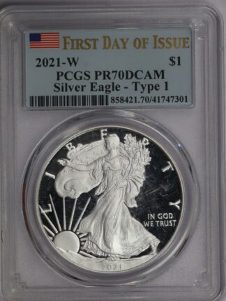 2021 W Proof Silver Eagle Type 1 FDR Flag Label PCGS PR70