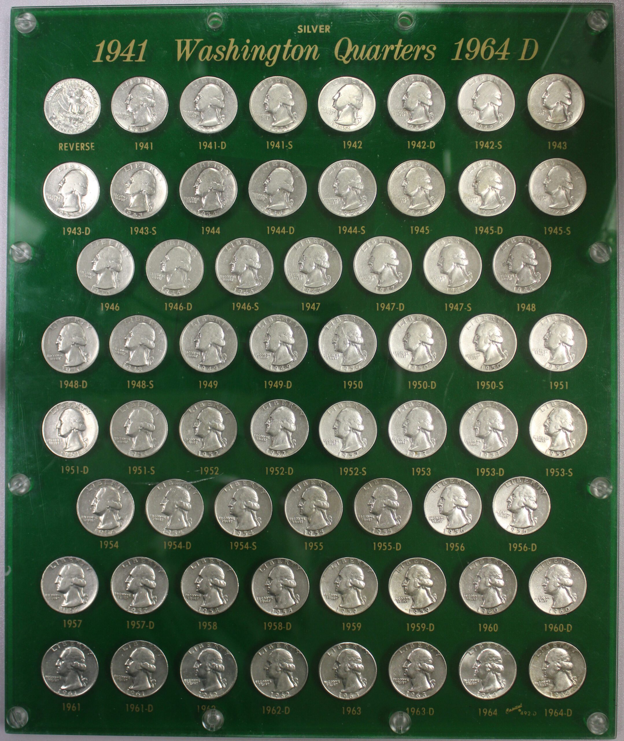 1941 to 1964 P D S Washington Quarter Collection In Capital Holder 62 Coins