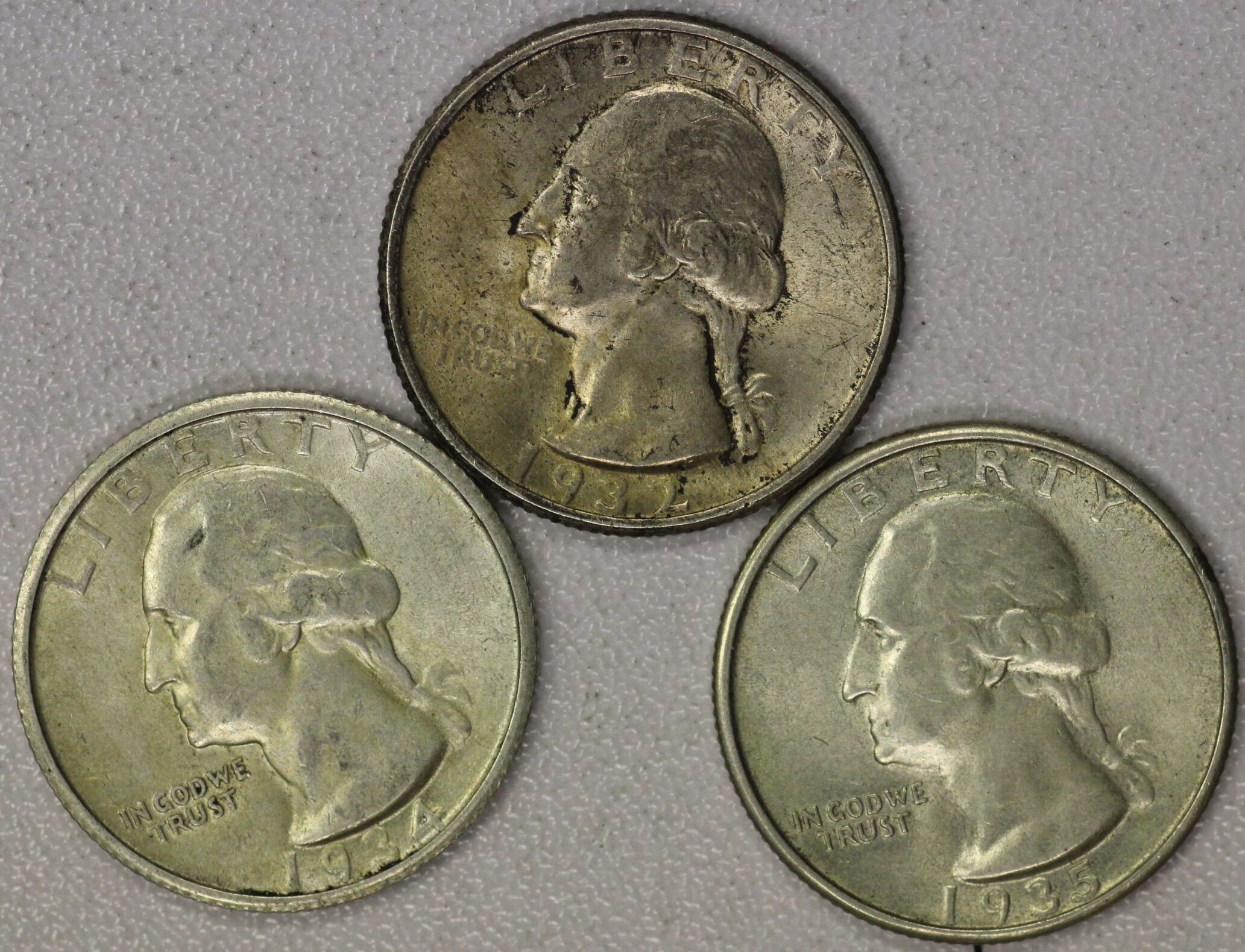 1932, 1934 & 1935 Washington Quarters All are XF