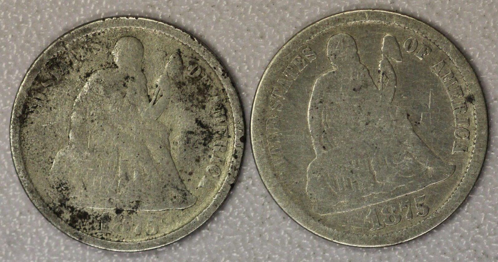 AUCTION- 1875-CC Liberty Seated Dimes Mint Mark Above & Below Wreath