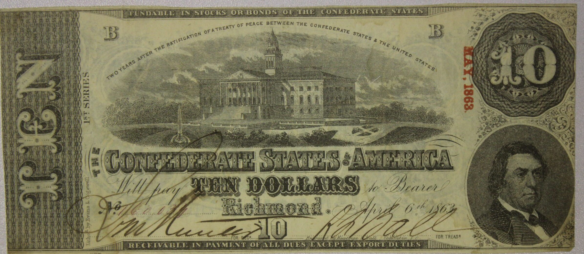 AUCTION- 1863 Confederate Ten Dollar Note Richmond Virginia