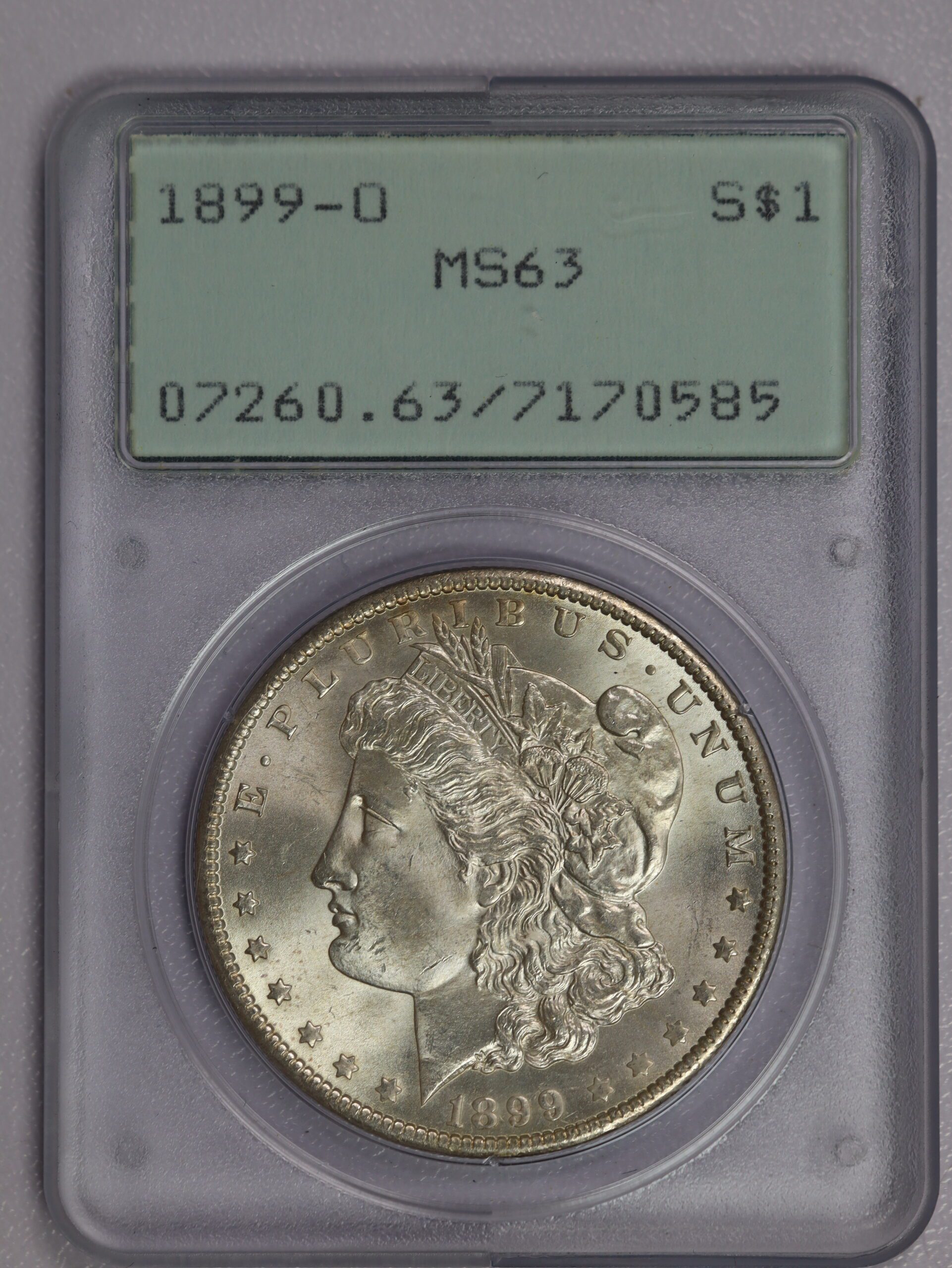 1899-O Morgan Dollar PCGS MS63 "Old Green Rattler Holder" Choice Coin