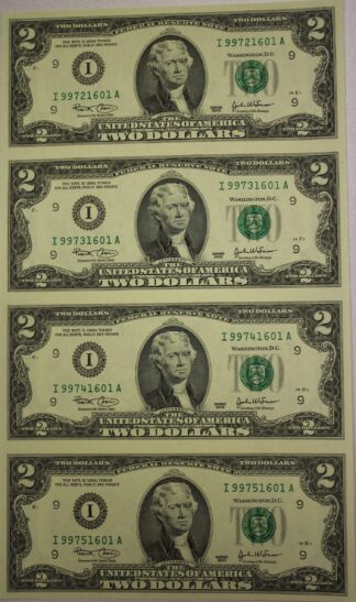 2003 Two Dollar Federal Reserve Notes Minneapolis District Uncut Sheet of Four