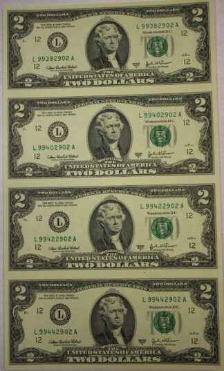 2003-A Two Dollar Federal Reserve Notes Los Angeles District Uncut Sheet of Four
