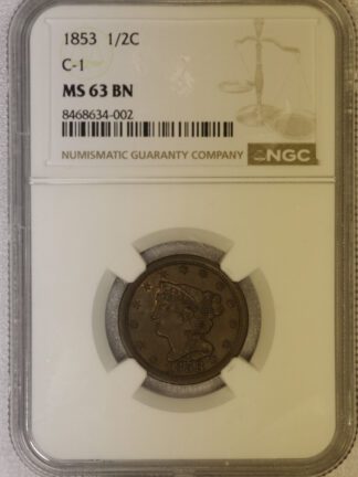 1853 Braided Hair Half Cent MS63 C-1 NGC