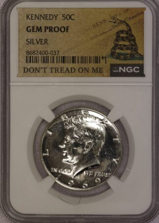 AUCTION- 1969-S Kennedy Half Dollar Gem Proof NGC Don't Tread on Me Slab