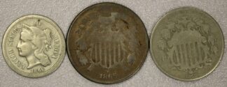 AUCTION- 1865 Two Cent & Three Cent Nickel & 1867 W/Rays Shield Nickel All Very Circulated