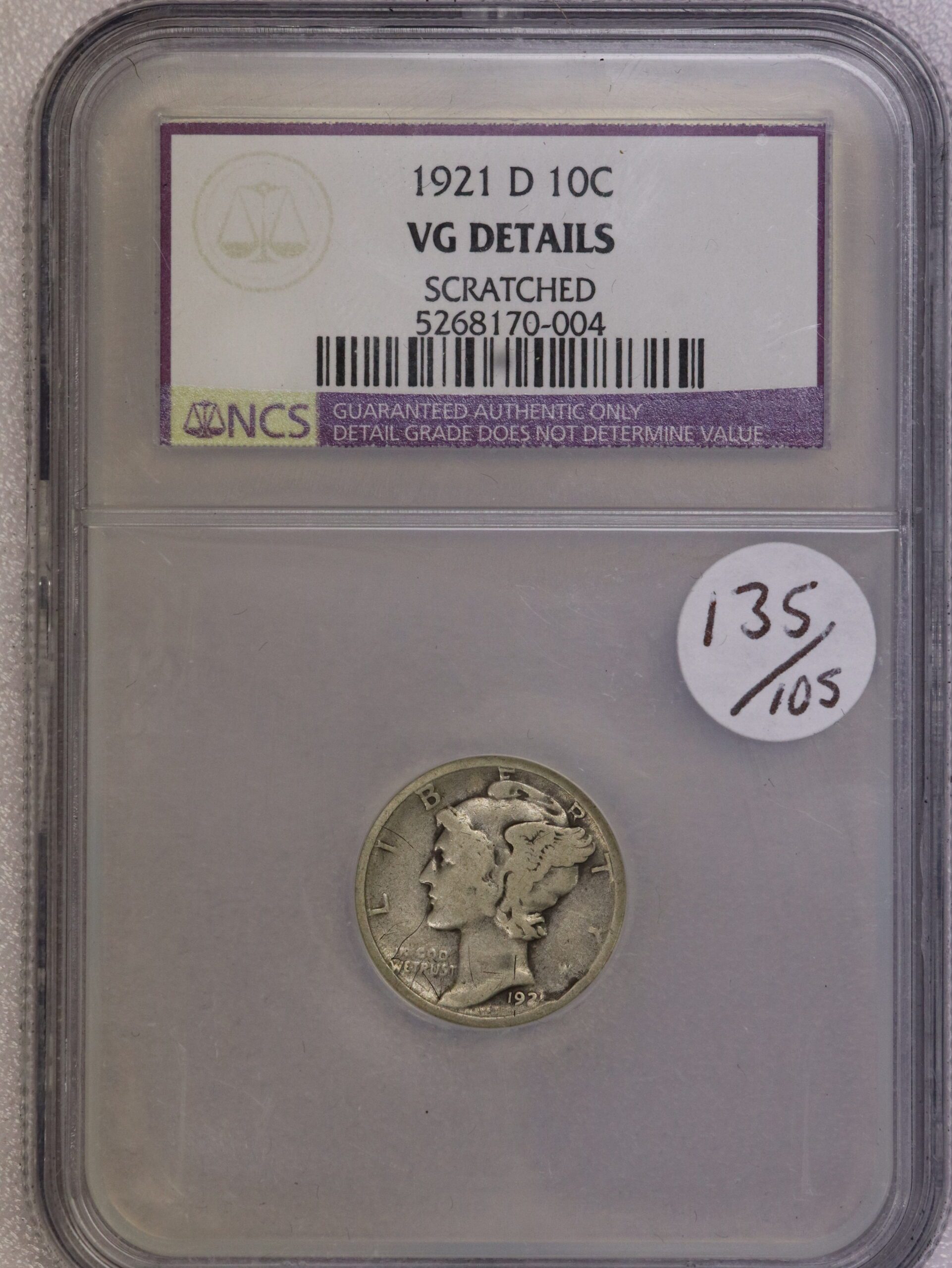 Auction - 1921 D Mercury Dime NCS VG Scratched