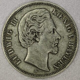 1875-D German State Bavaria Five Marks 90% Silver