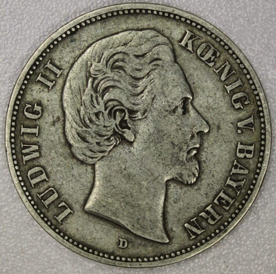1875-D German State Bavaria Five Marks 90% Silver