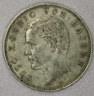 1902-D German State Bavaria Five Marks 90% Silver