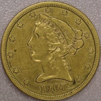 1907 $5 Gold Liberty Head Half Eagle Cleaned