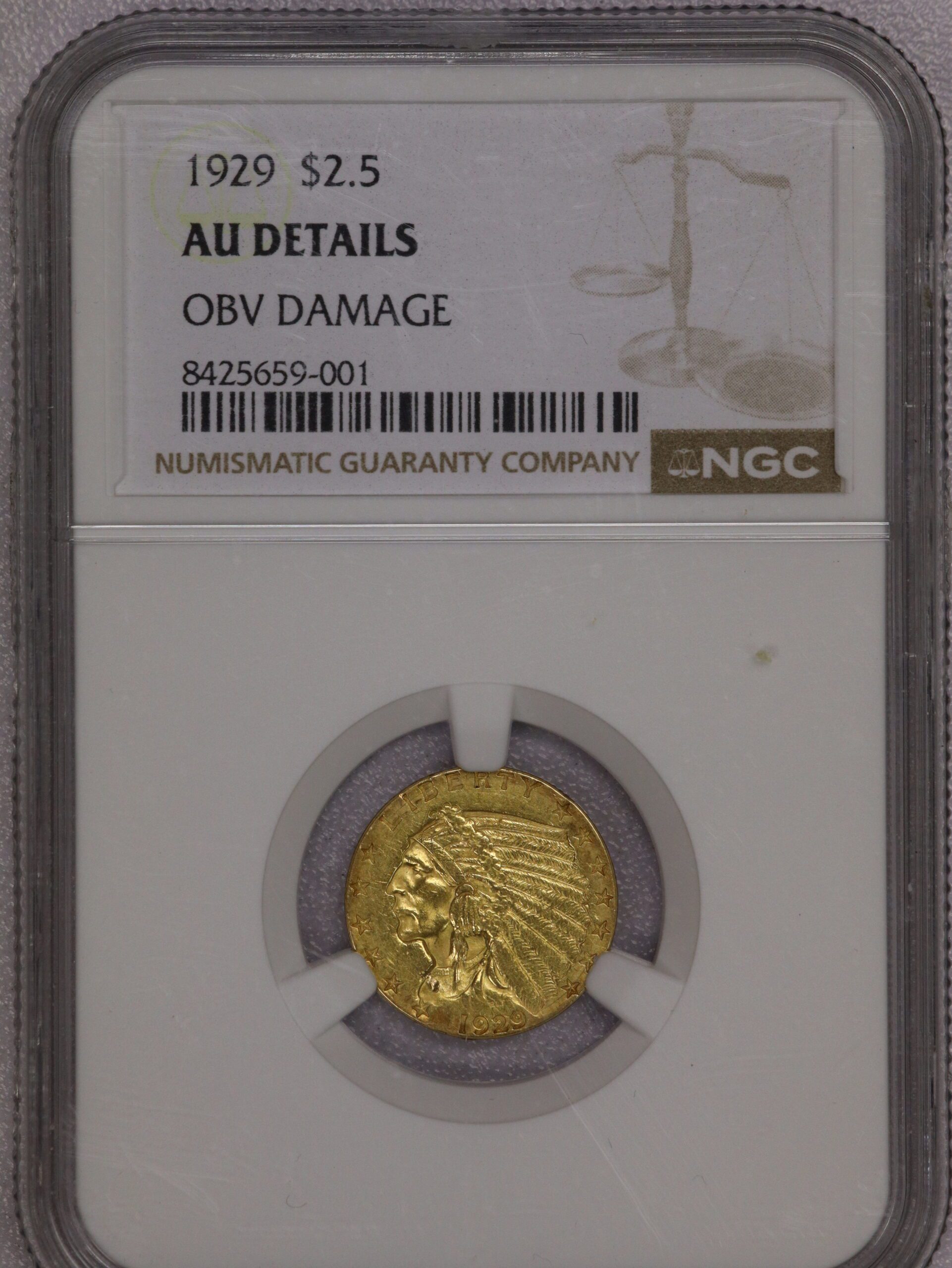 1929 $2.50 Gold Indian NGC Obv Damage