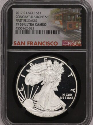 2017 S Silver Eagle Congratualtions Set Black Insert Trolley Label PF69 NGC