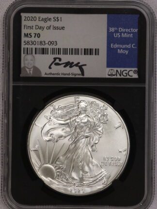 2020 Silver Eagle Black Insert Moy First Day of Issue NGC MS70