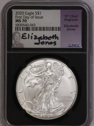 2020 Silver Eagle Black Insert Elizabeth Jones First Day of Issue NGC MS70