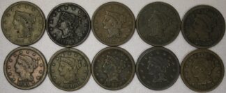 1840 to 1849 Ten Different Braided Hair Large Cents Circulated