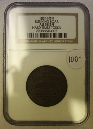 1834 HT-9 Running Boar Hard Times Token NGC AU 58 BN