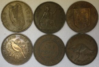 6 Different British Commonwealth Large Pennies Australia, Great Britain, New Zealand, Jersey & Ireland
