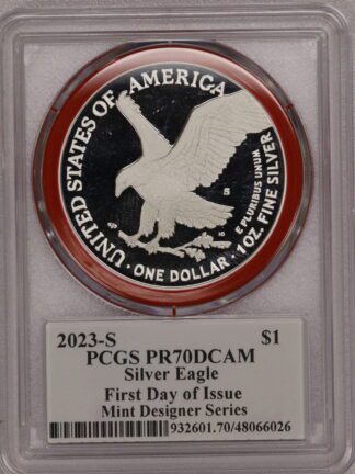 2023 S Silver Eagle PR70 PCGS Mint Designer Series Damastra Red Ring