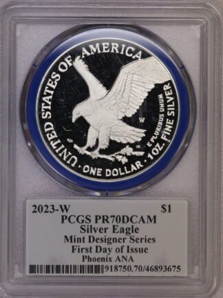 2023 W Silver Eagle PR70 PCGS Mint Designer Series Damastra Blue Ring