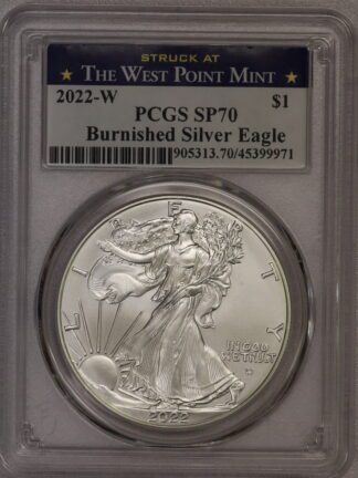 2022 W Silver Eagle Burnished SP70 PCGS West Point Blue Label