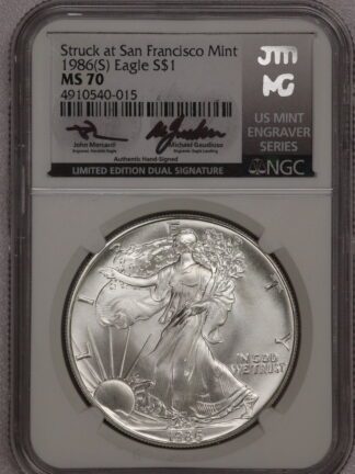 1986 Silver Eagle Dual Signatures Mercanti Gaudioso MS70 NGC