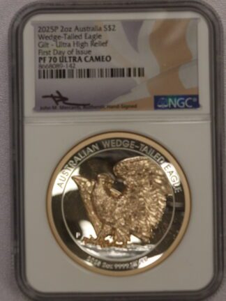 2025 Australian $2 2 Oz Wedge-Tailed Eagle Gilt-Ultra High Relief FDOI NGC PF70 UC