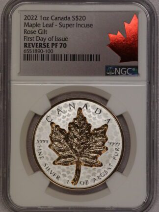 2022 Super Incuse Rose Gold Gilt Silver $5 Maple Leaf PF70 NGC
