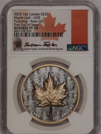 2025 Silver $20 Maple Leaf Rev PF70 NGC Pulsating Rose Gilt