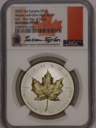 2023 Silver $20 Maple Leaf Rev PF70 NGC Gold Gilt Taylor Signed