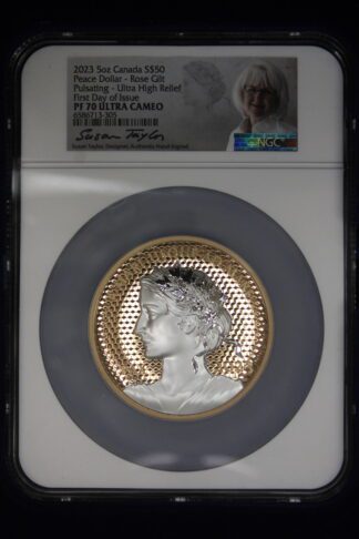 2023 Canadian 5 Oz Peace Dollar Rose Gilt Pulsating NGC FDOI PF70 UCAM