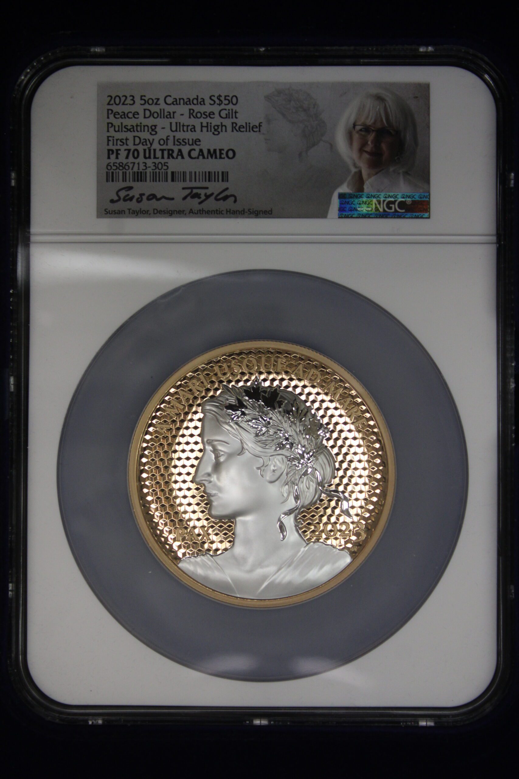 2023 Canadian 5 Oz Peace Dollar Rose Gilt Pulsating NGC FDOI PF70 UCAM