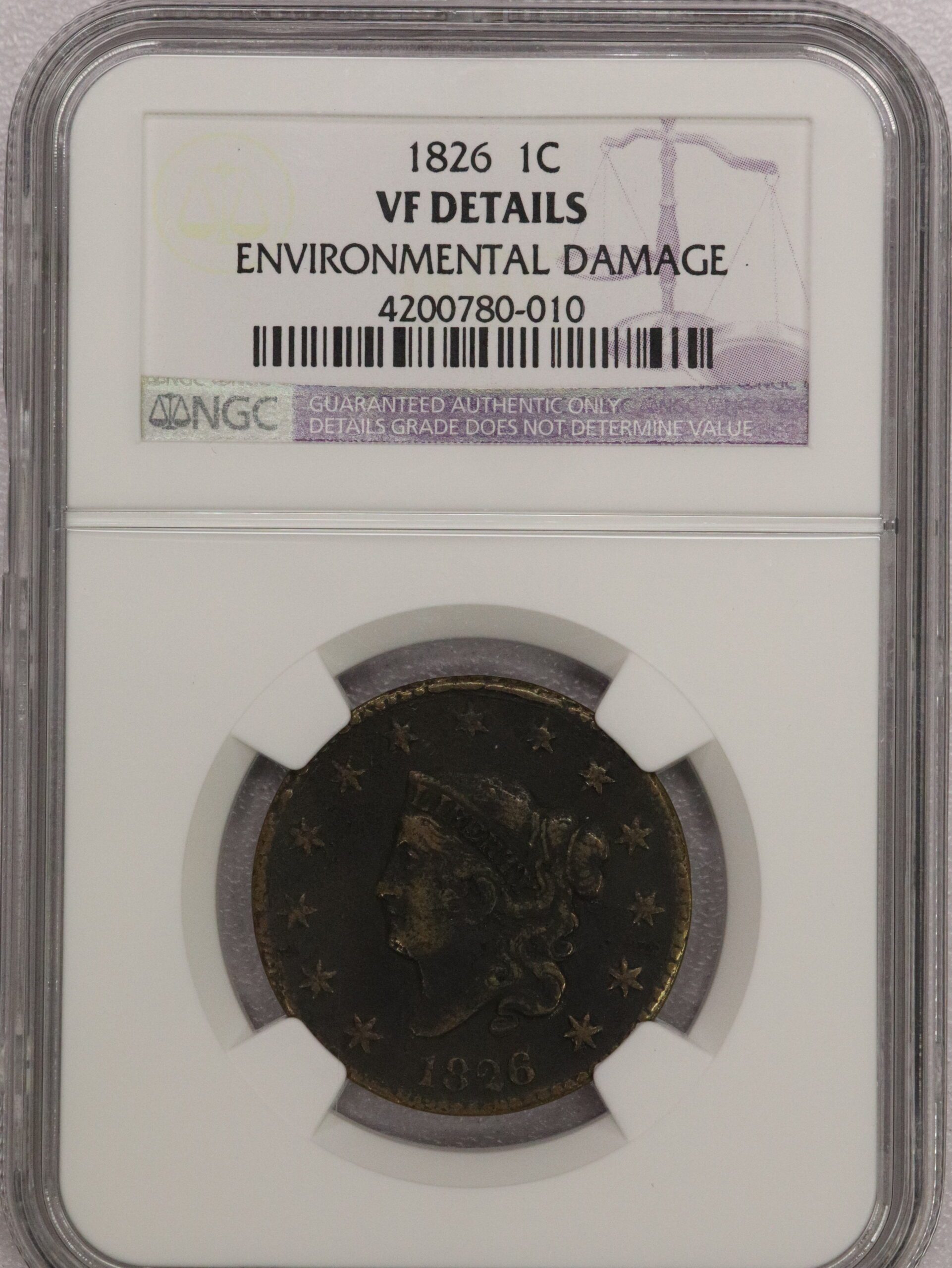 Auction-1826 Large Cent NGC VF Details Environmentally Damaged