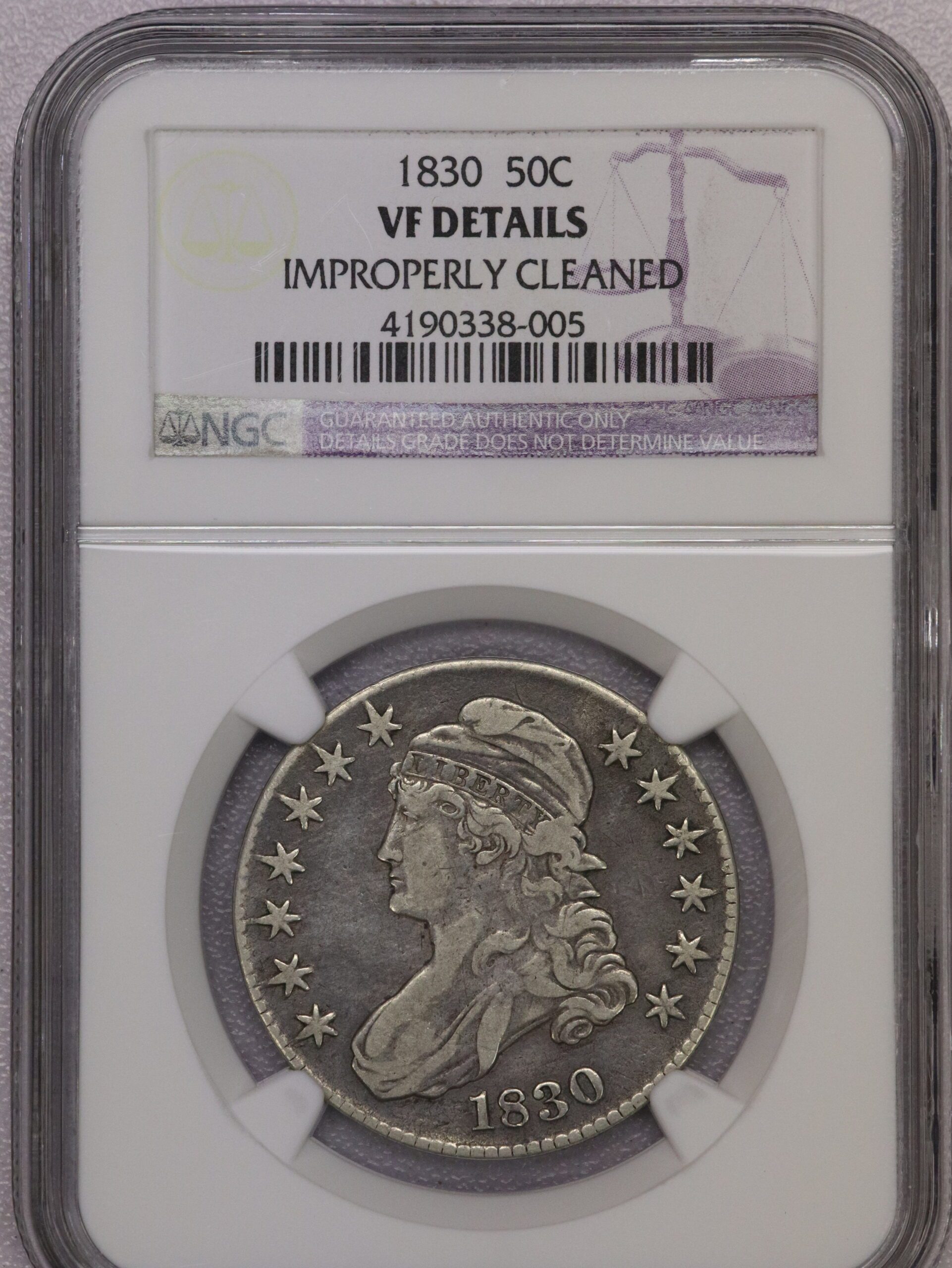 Auction-1830 Half Dollar NGC VF Details Improperly Cleaned