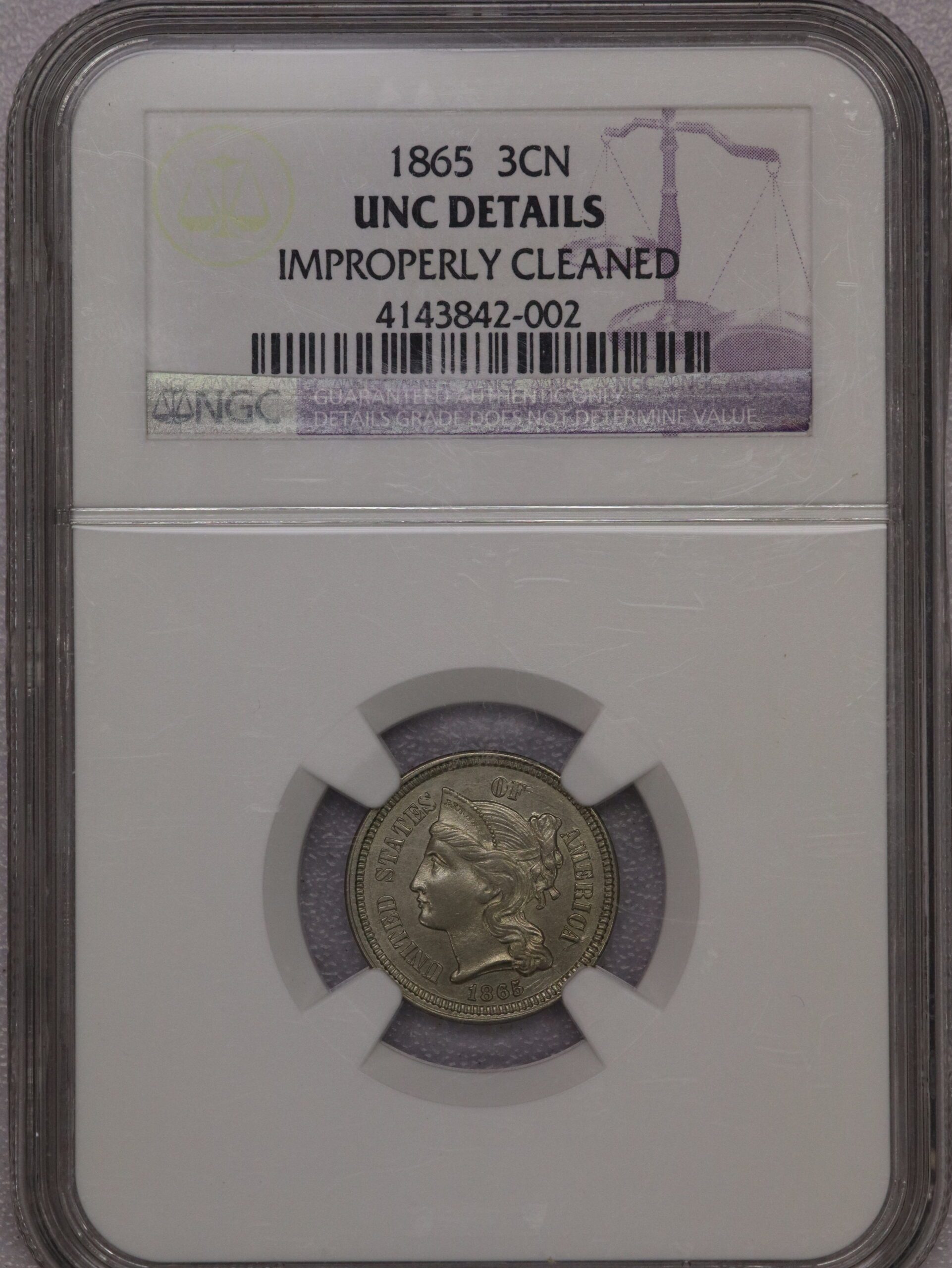 Auction-1865 3 Cent NGC Unc Details Improperly Cleaned