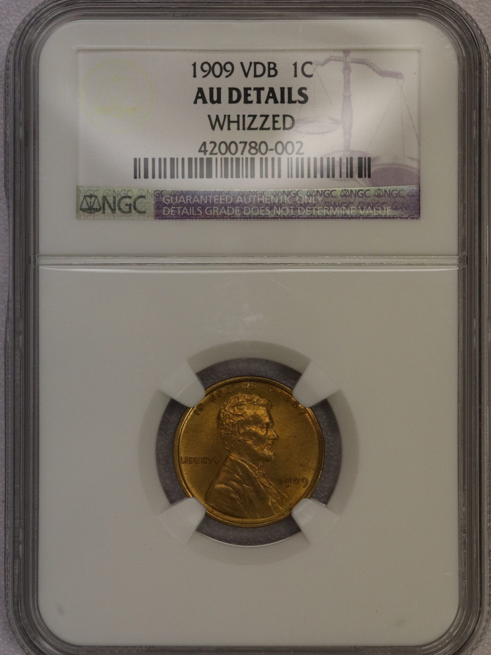 Auction-Lincoln Cent 1909 VDB NGC AU Details Whizzed