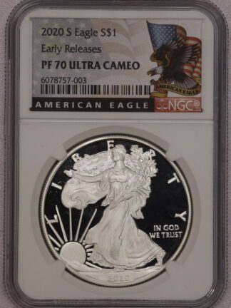 2020 S Silver Eagle Early Release PF70 NGC Eagle - Eagle Flag Label