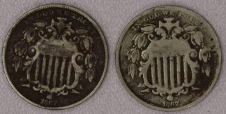 AUCTION-   1867 Shield Nickels (two of them) with Environmental Damage
