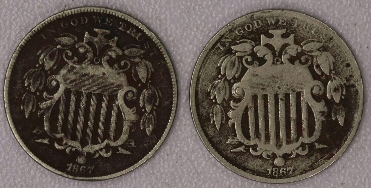 AUCTION- 1867 Shield Nickels (two of them) with Environmental Damage