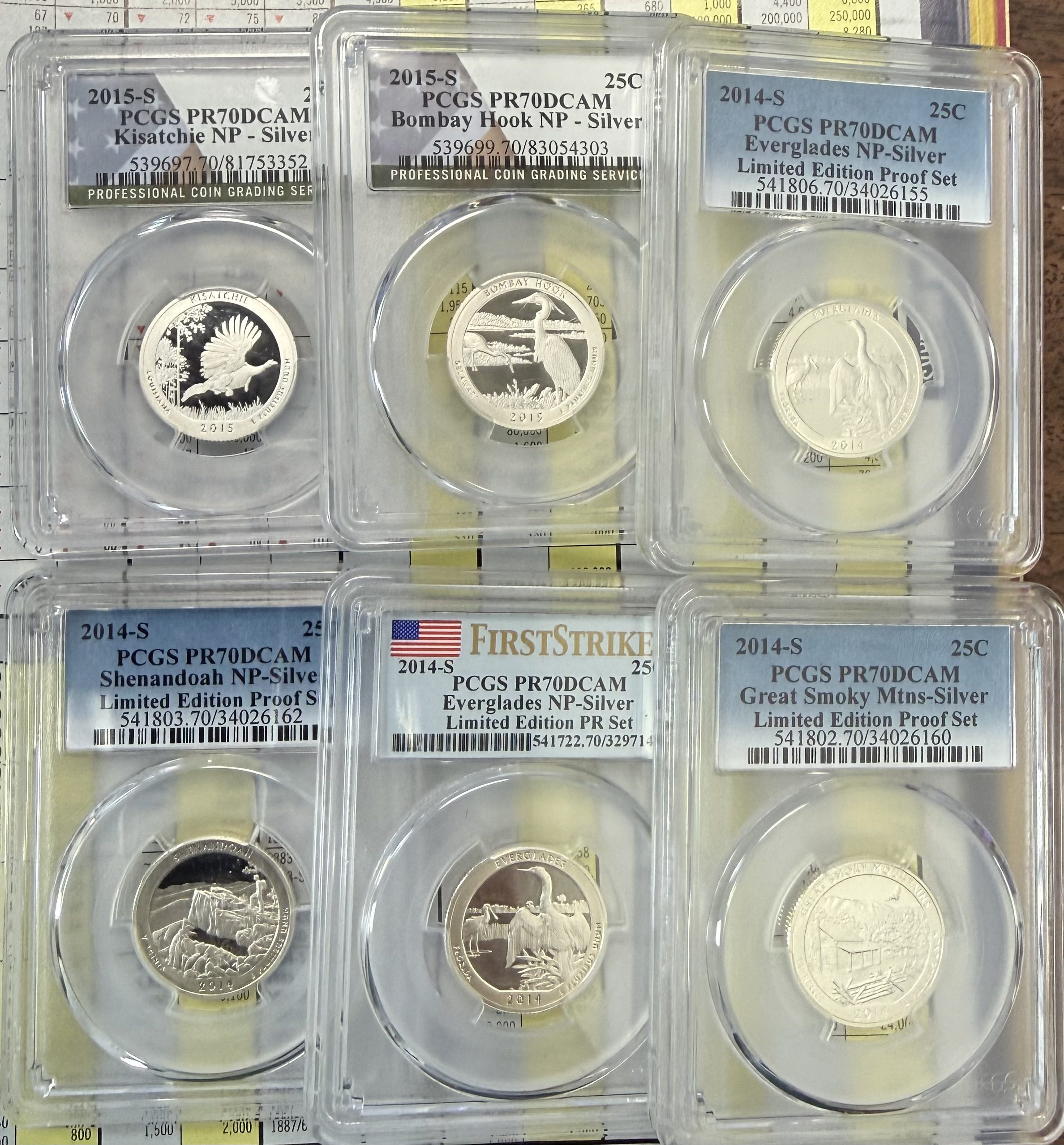 6 Graded Silver Quarter Lot 2014 & 2015 S- PR70 PCGS