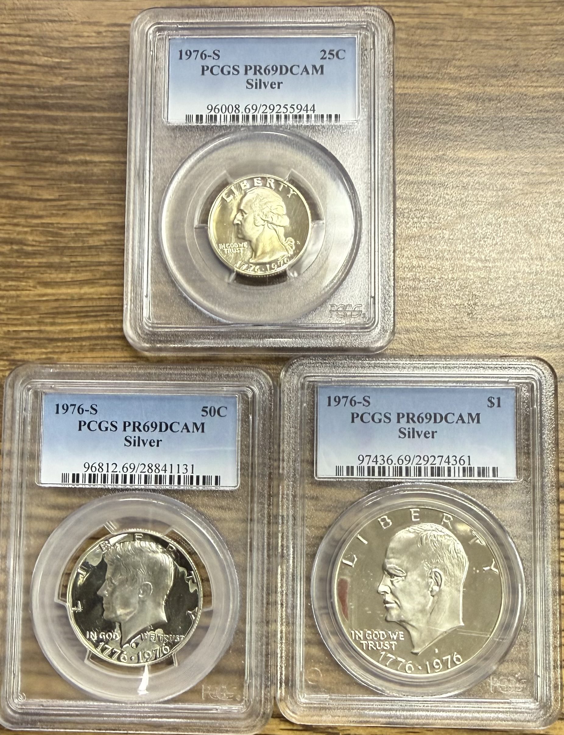1976 S SILVER Set 3 Coins Eisenhower Dollar - Kennedy Half - Quarter All PCGS PR69 DCAM