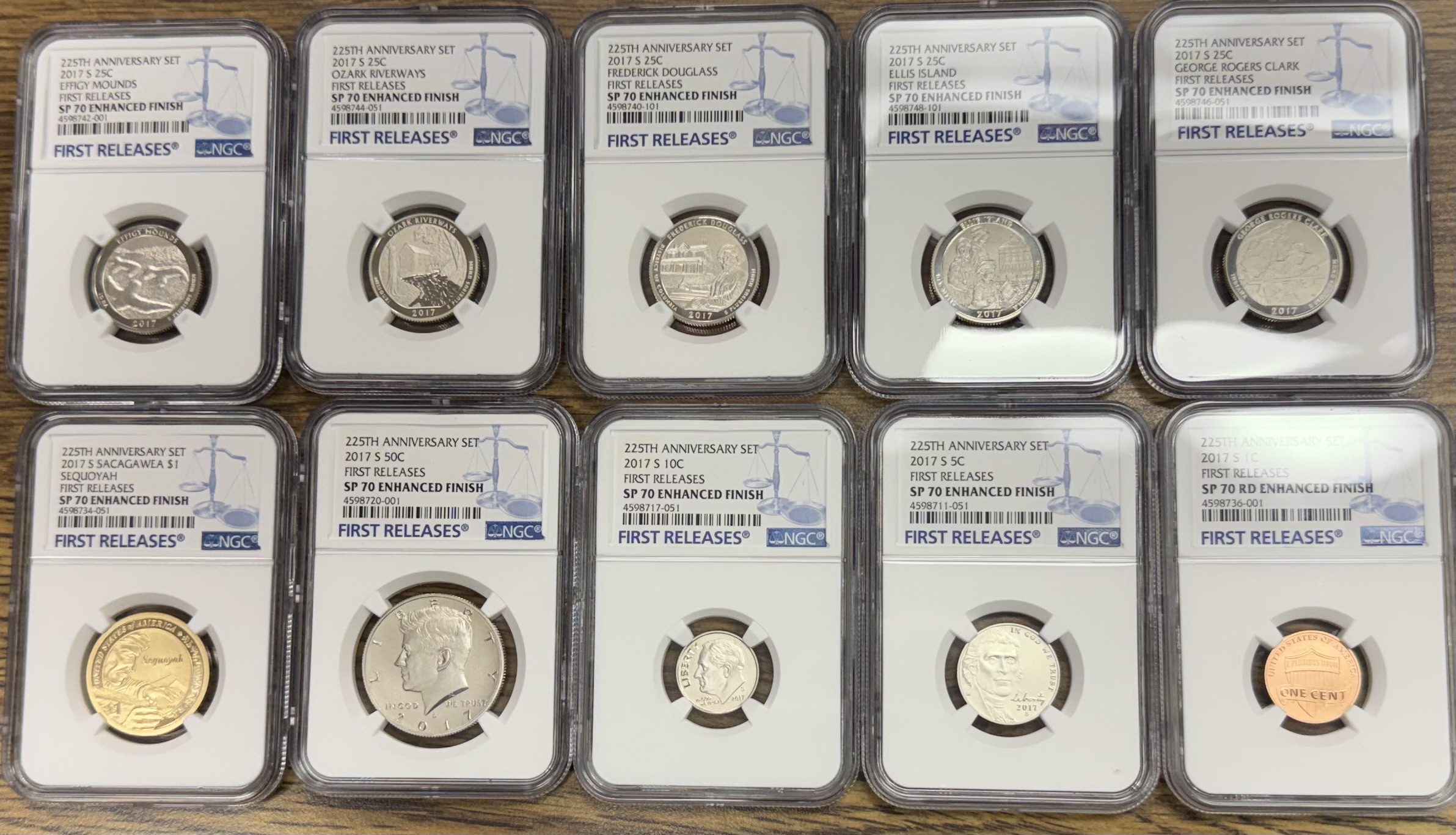2017-S U.S. Mint NGC SP70 Enhanced Finish 225th Anniversary 10 Coin Set - Blue Balance Scales Label