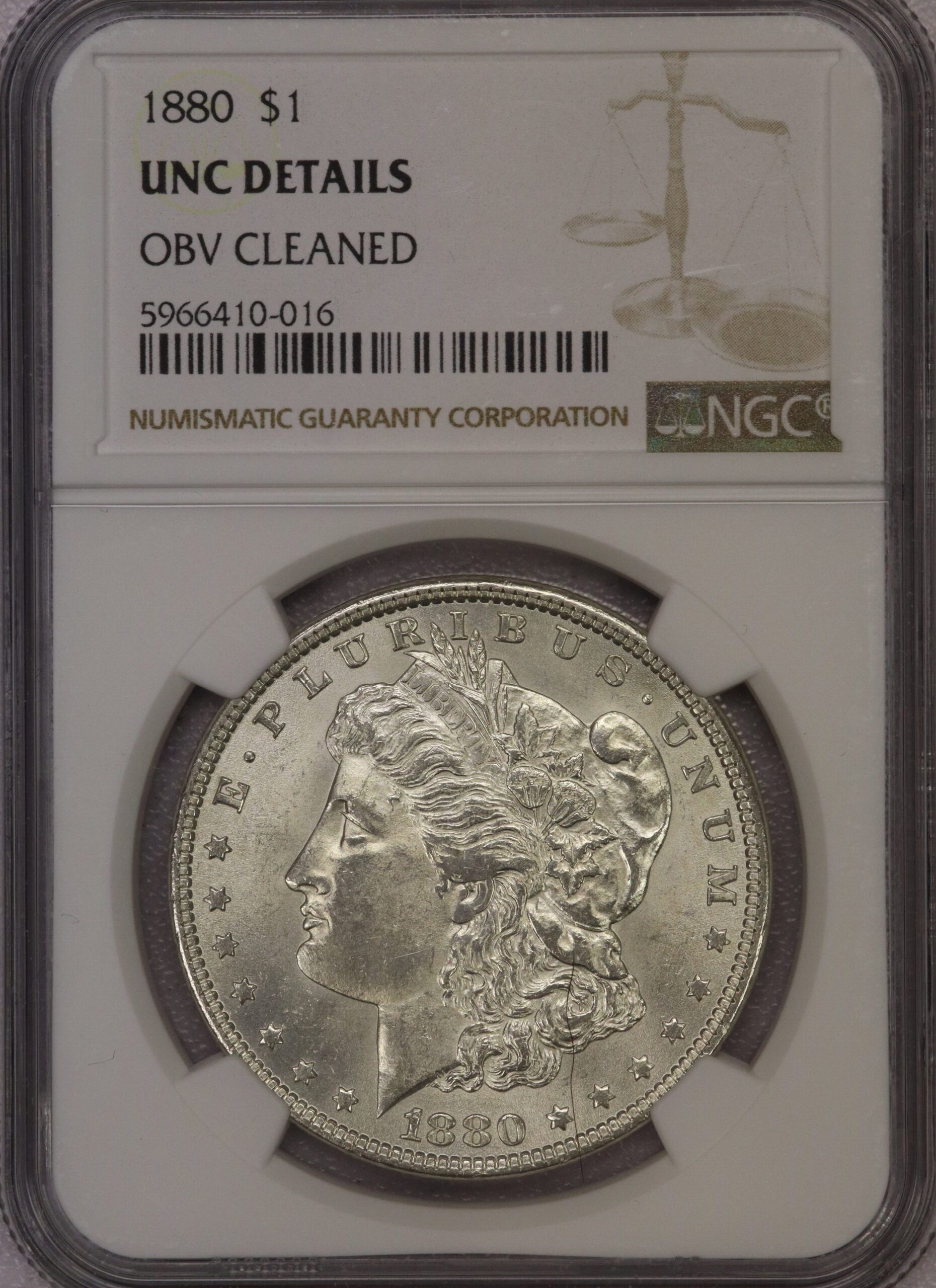 AUCTION- 1880 Morgan Dollar NGC Unc. Details Obv. Cleaned