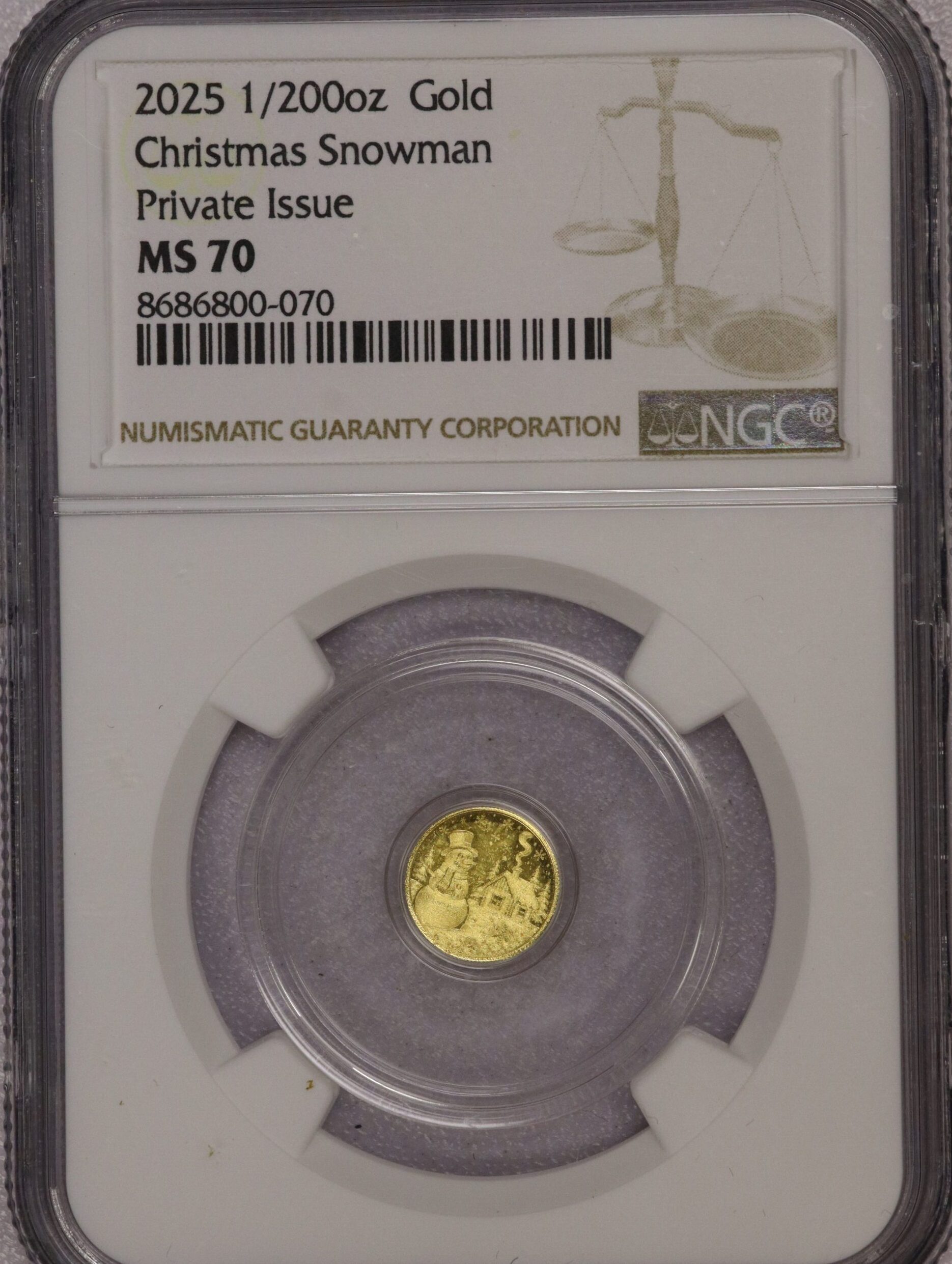 AUCTION- 2025 1/200th oz Gold Private Issue Christmas Snowman NGC MS70